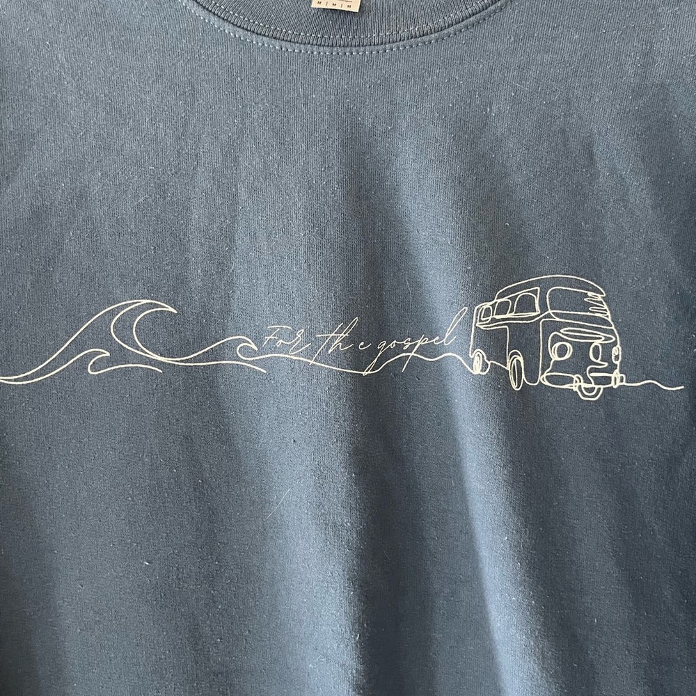 “For the Gospel” Graphic Blue Crew Sweatshirt with Vintage Van & Wave Line Art